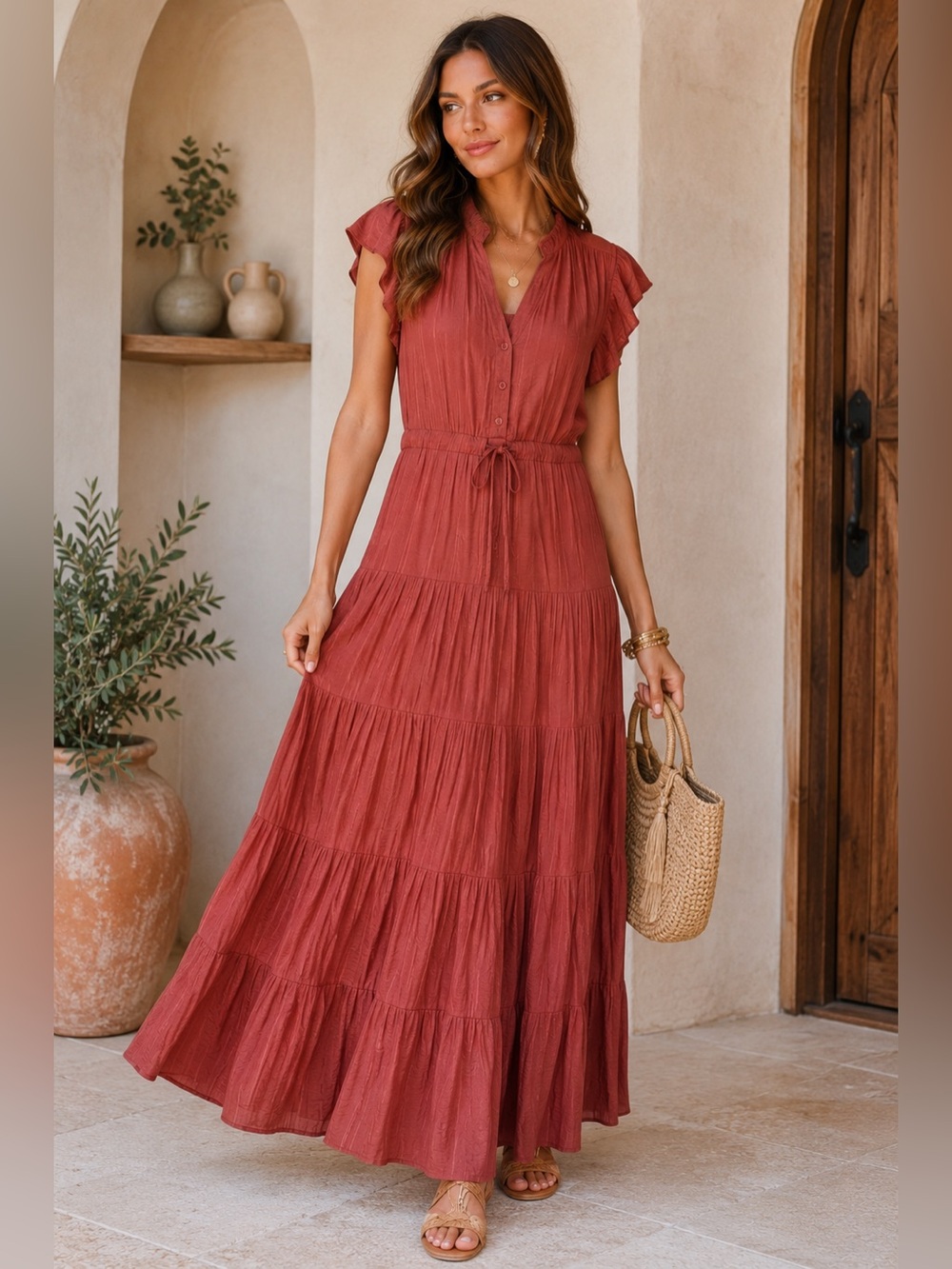 PINCH Mauve Tiered Maxi Dress Boho Flutter Sleeve Prairie Cottagecore M